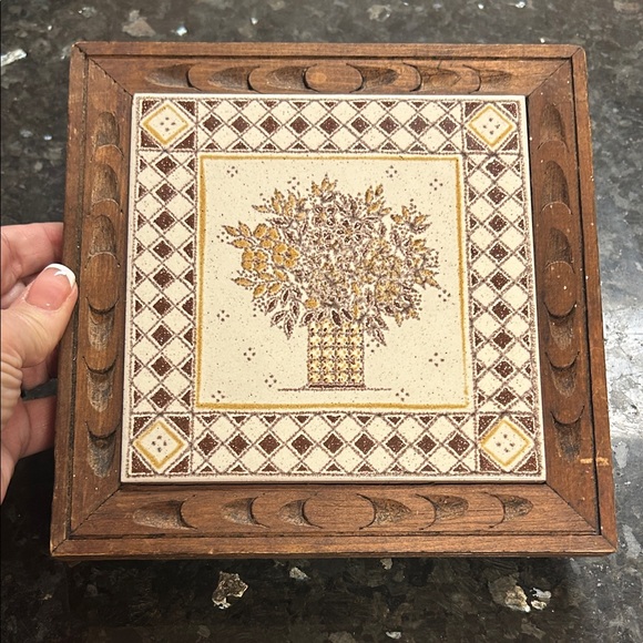 Piemme Other - Vtg 80s Piemme Made in Italy Trivet Tile Wood Frame Brown Cream Floral Decor 8"